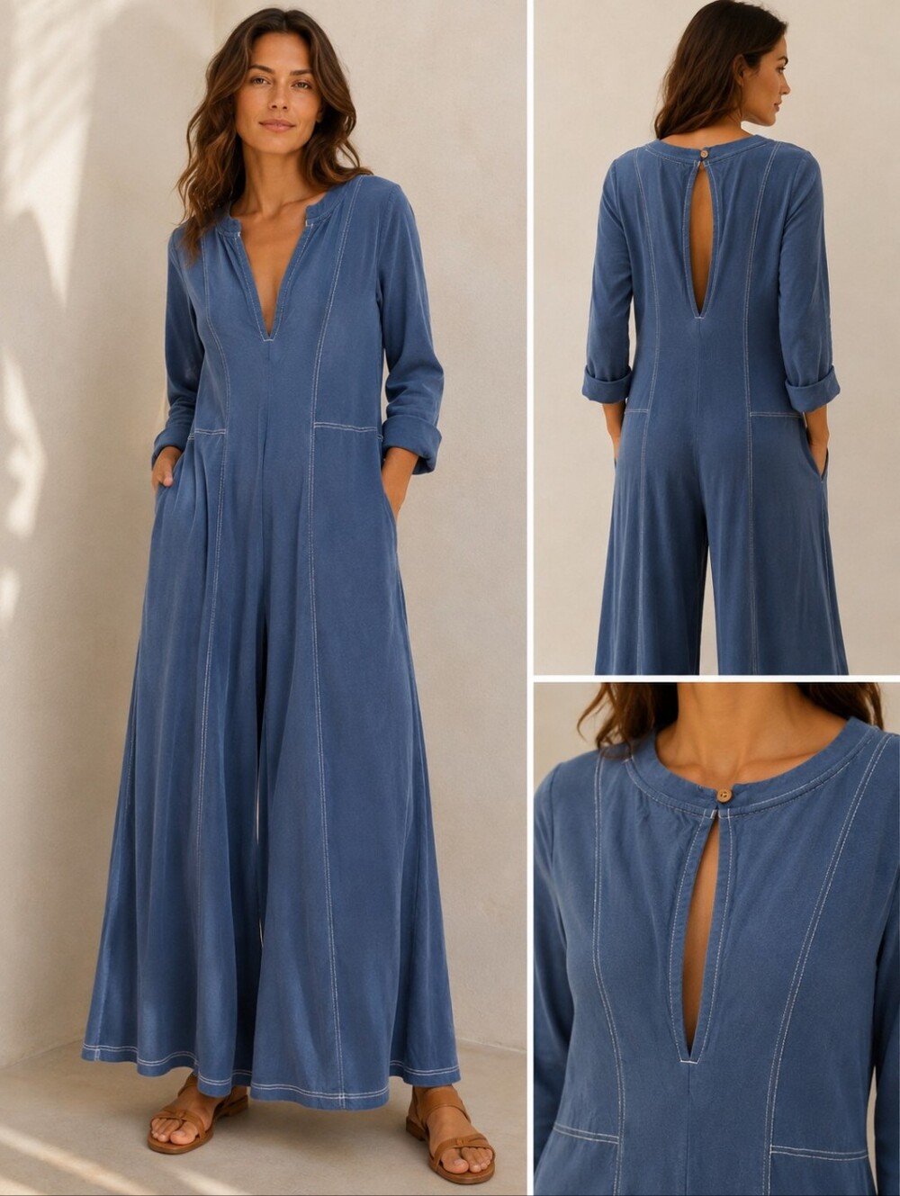 Free People Steel Strada Blue Long Sleeve Maxi Jumpsuit